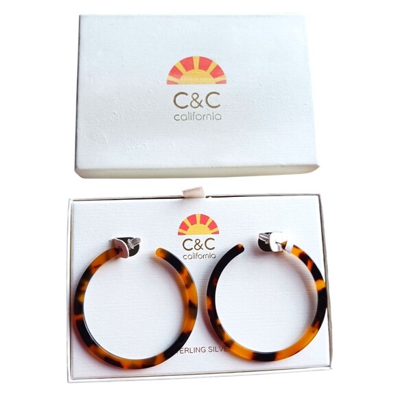 New C & C California Sterling Silver Faux Tortoise Hoop Earrings Old Stock Boxed - Picture 1 of 2